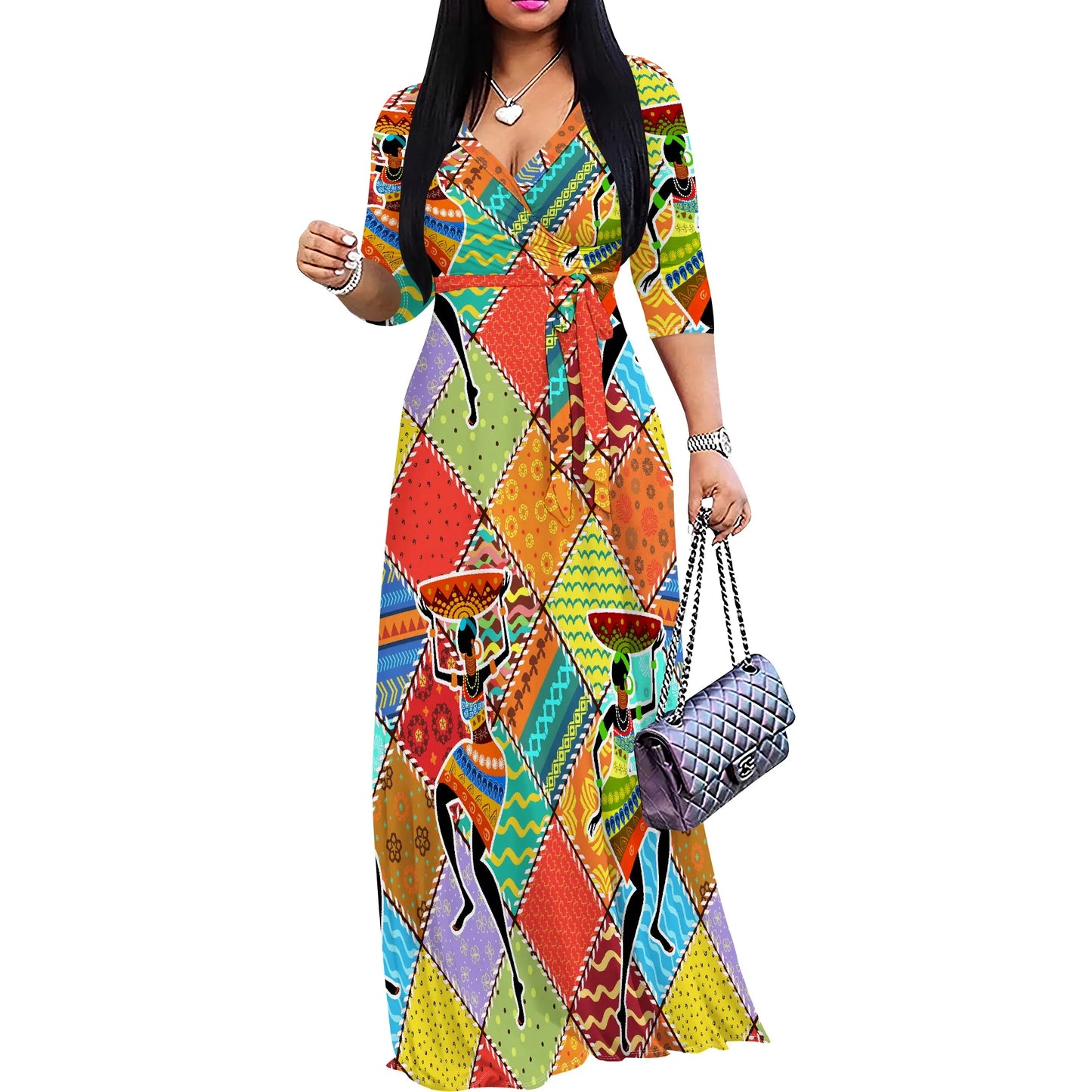 Women's Short Sleeve Sexy V Neck Loose Boho Long Dress Fashion Printed With Split hem