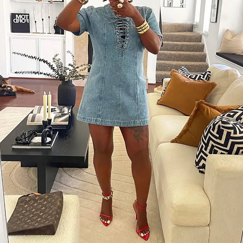 Front Lace Up Denim Women's Dress