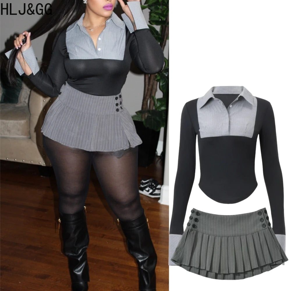 Stripe Patchwork Two Piece Sets For Women Preppy Style