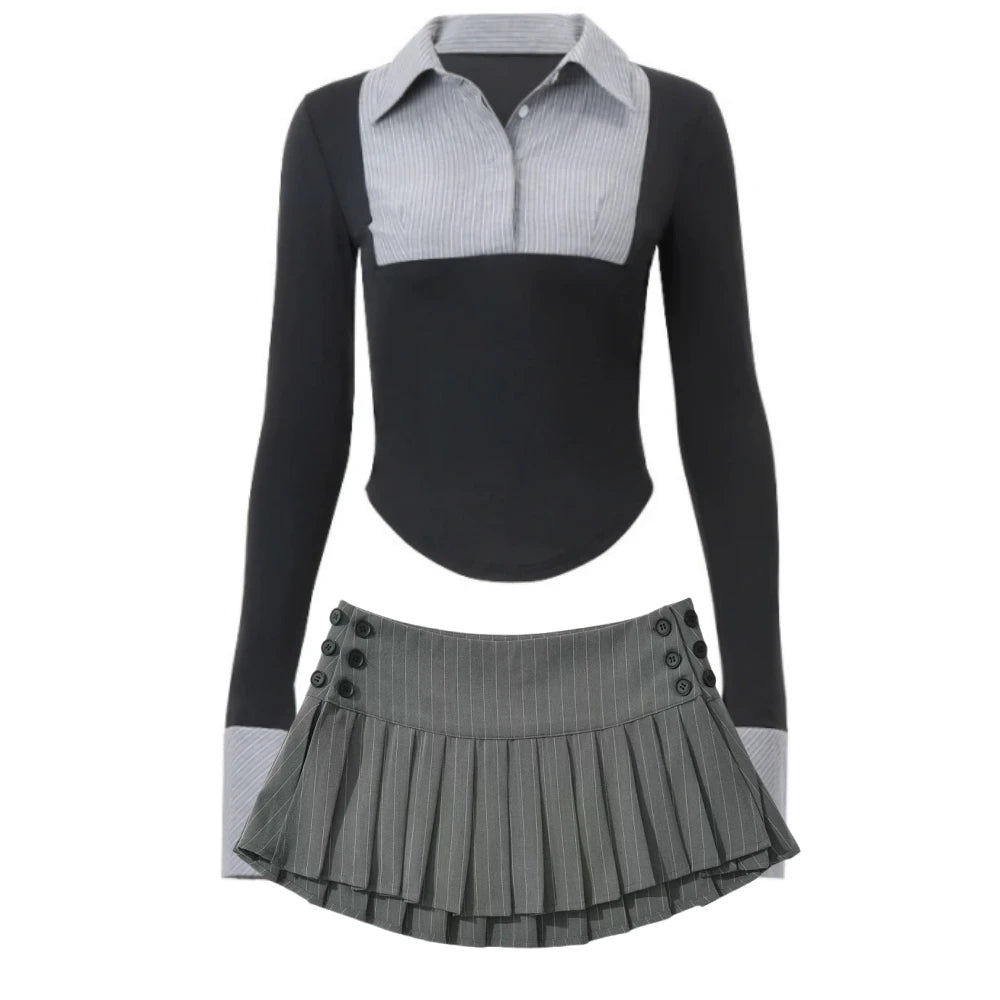 Stripe Patchwork Two Piece Sets For Women Preppy Style