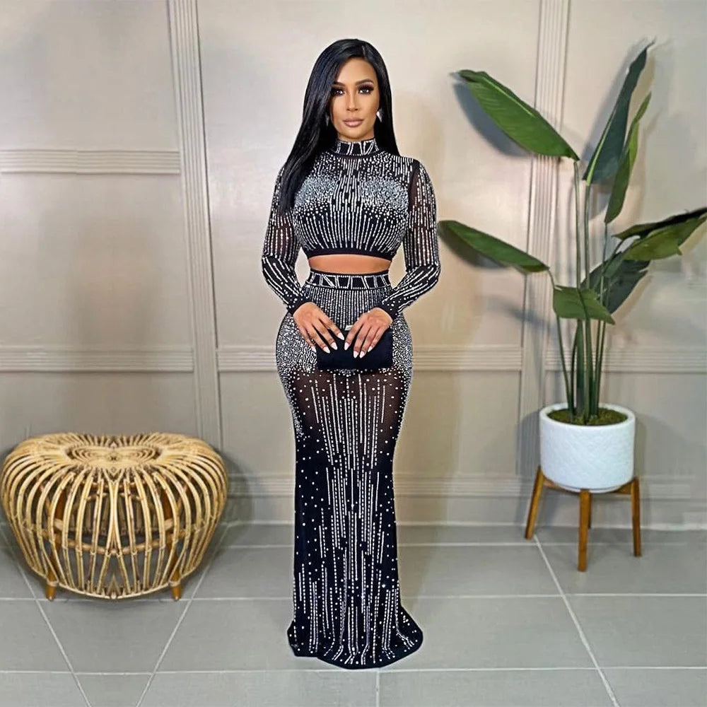 Sexy Sparkling Silver Rhinestone Chain Pearl Transparent Dress