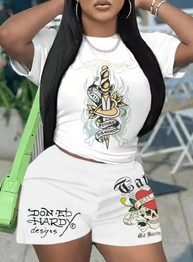 Short Sleeve Crop Tops Casual Shorts Matching Set 2025 Summer Print Fitness Workout Tracksuits 2 Piece Sets Woman Outfit