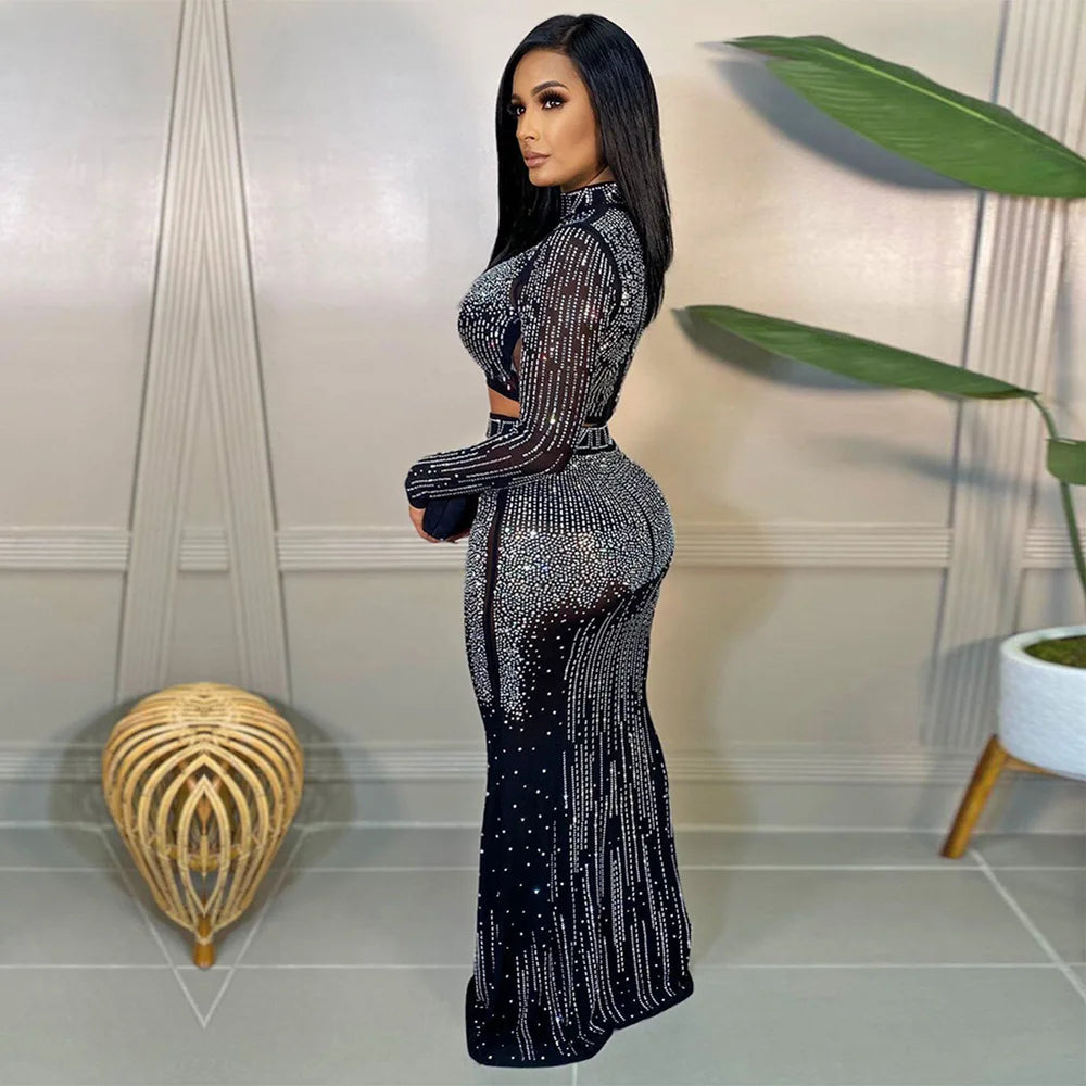 Sexy Sparkling Silver Rhinestone Chain Pearl Transparent Dress