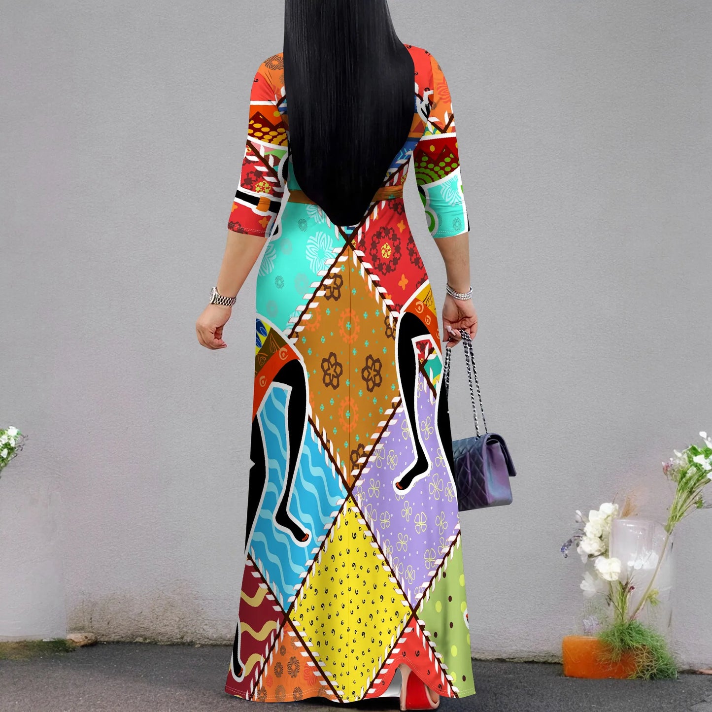 Women's Short Sleeve Sexy V Neck Loose Boho Long Dress Fashion Printed With Split hem
