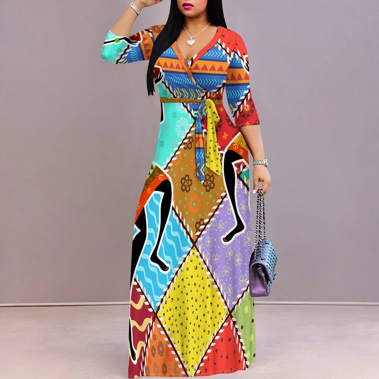 Women's Short Sleeve Sexy V Neck Loose Boho Long Dress Fashion Printed With Split hem