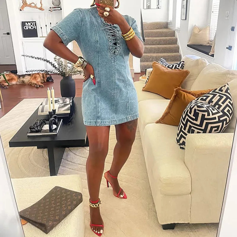 Front Lace Up Denim Women's Dress