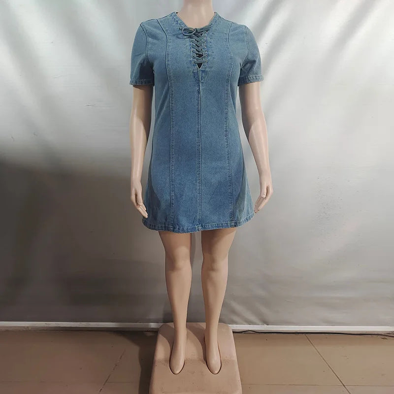 Front Lace Up Denim Women's Dress