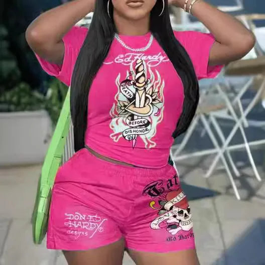 Short Sleeve Crop Tops Casual Shorts Matching Set 2025 Summer Print Fitness Workout Tracksuits 2 Piece Sets Woman Outfit
