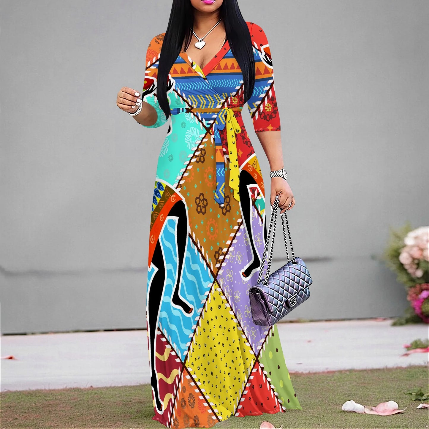 Women's Short Sleeve Sexy V Neck Loose Boho Long Dress Fashion Printed With Split hem