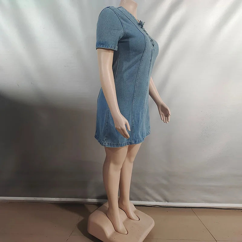 Front Lace Up Denim Women's Dress