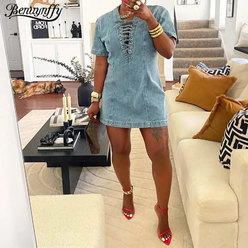 Front Lace Up Denim Women's Dress