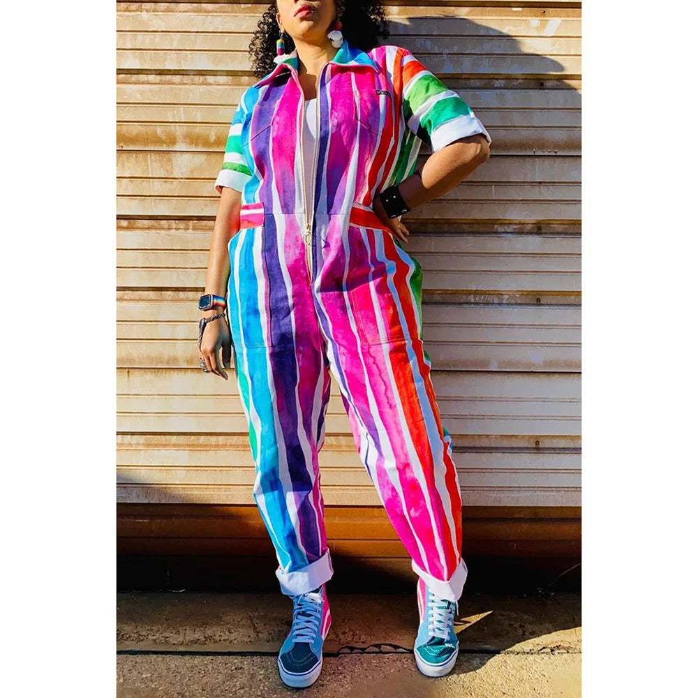 Multicolor Half Sleeve Zipper Jumpsuits