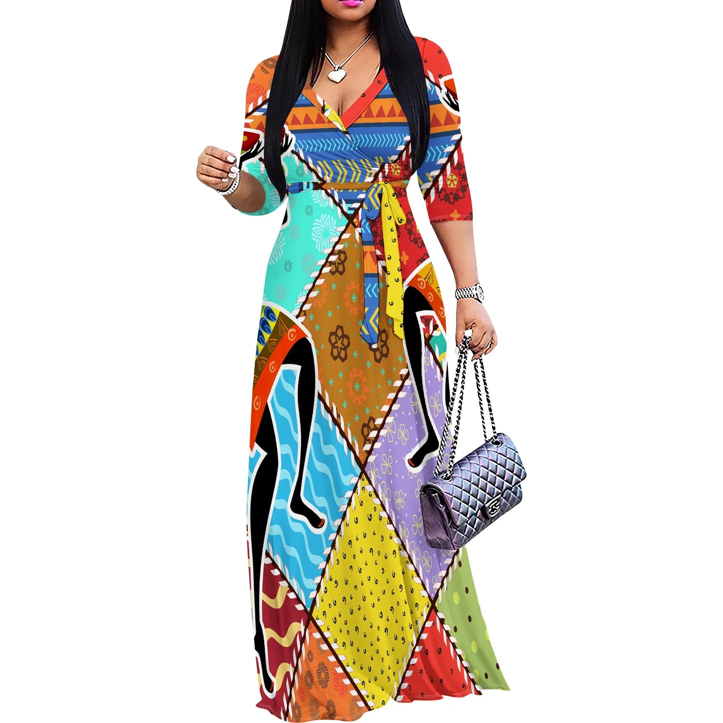 Women's Short Sleeve Sexy V Neck Loose Boho Long Dress Fashion Printed With Split hem