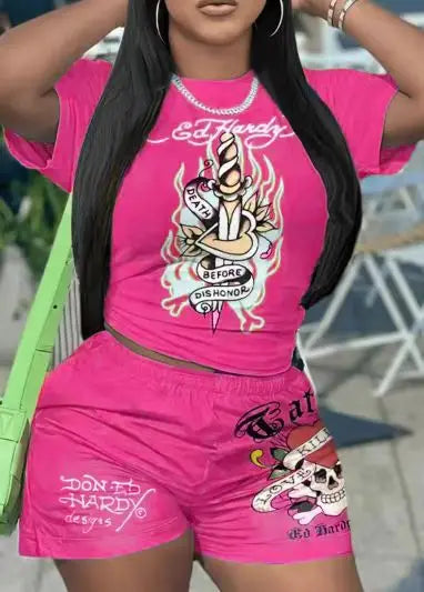 Short Sleeve Crop Tops Casual Shorts Matching Set 2025 Summer Print Fitness Workout Tracksuits 2 Piece Sets Woman Outfit