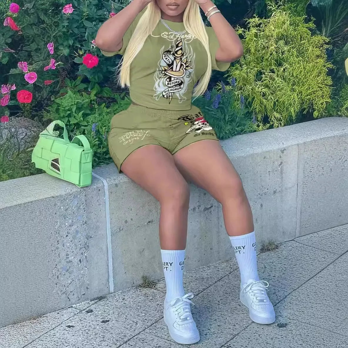 Short Sleeve Crop Tops Casual Shorts Matching Set 2025 Summer Print Fitness Workout Tracksuits 2 Piece Sets Woman Outfit