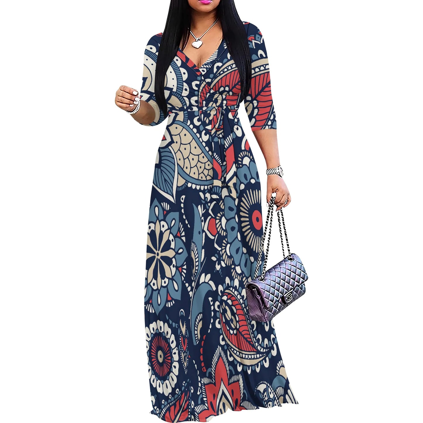 Women's Short Sleeve Sexy V Neck Loose Boho Long Dress Fashion Printed With Split hem