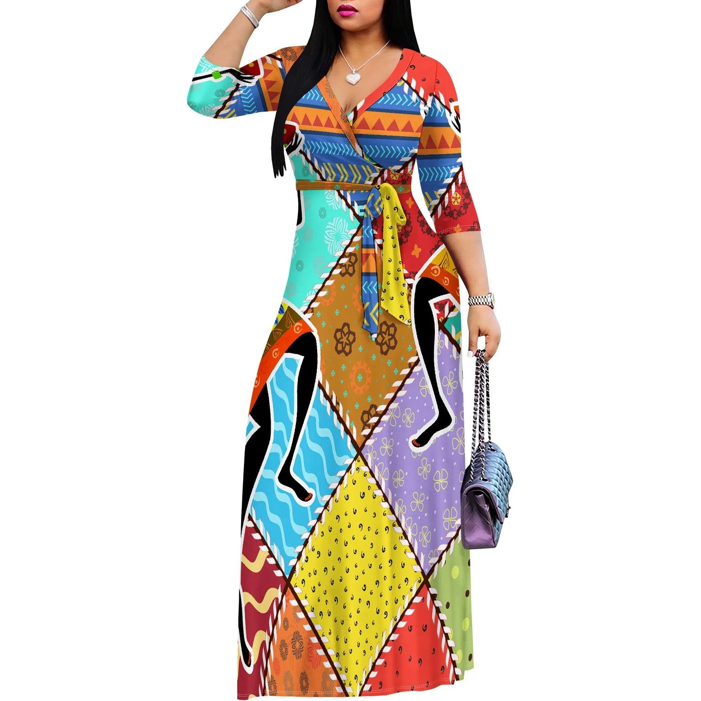 Women's Short Sleeve Sexy V Neck Loose Boho Long Dress Fashion Printed With Split hem
