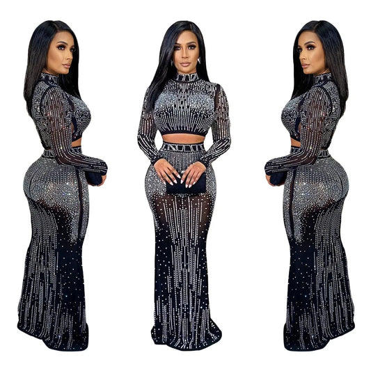 Sexy Sparkling Silver Rhinestone Chain Pearl Transparent Dress