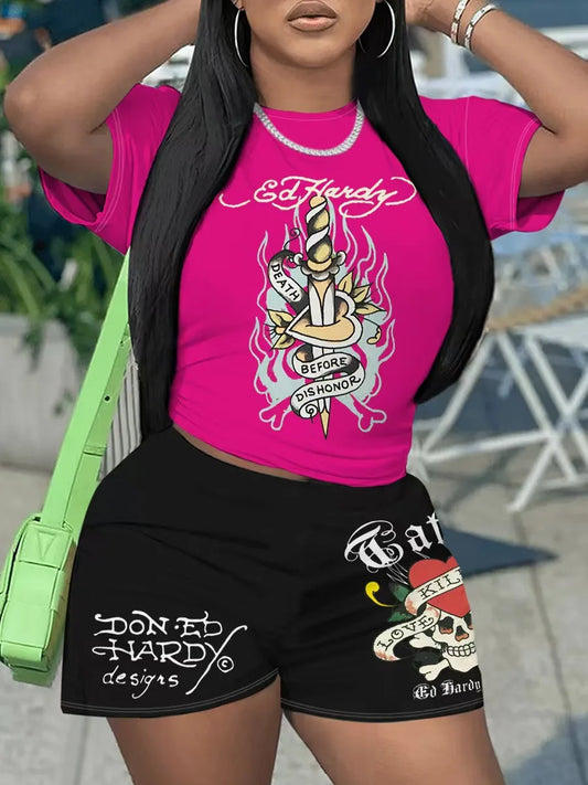 Short Sleeve Crop Tops Casual Shorts Matching Set 2025 Summer Print Fitness Workout Tracksuits 2 Piece Sets Woman Outfit
