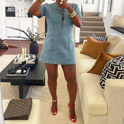 Front Lace Up Denim Women's  Dress