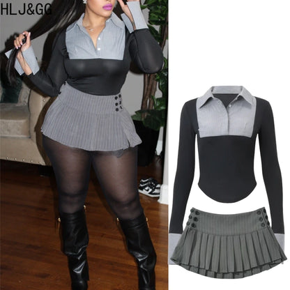 Stripe Patchwork Two Piece Sets For Women Preppy Style