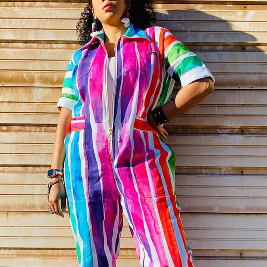 Multicolor Half Sleeve Zipper Jumpsuits