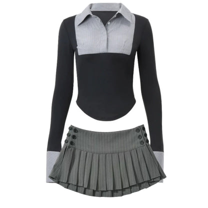 Stripe Patchwork Two Piece Sets For Women Preppy Style