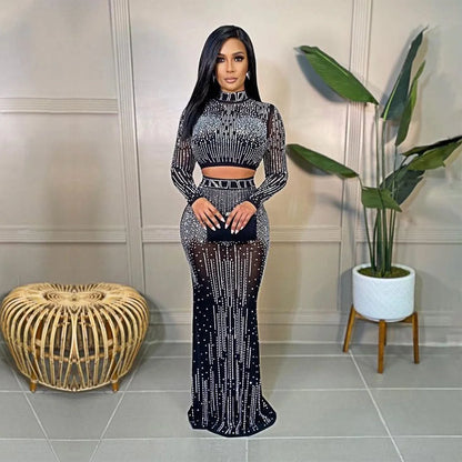 Sexy Sparkling Silver Rhinestone Chain Pearl Transparent Dress