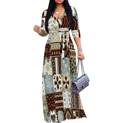 Women's Short Sleeve Sexy V Neck Loose Boho Long Dress Fashion Printed With Split hem