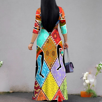 Women's Short Sleeve Sexy V Neck Loose Boho Long Dress Fashion Printed With Split hem