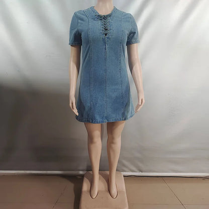 Front Lace Up Denim Women's  Dress