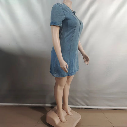 Front Lace Up Denim Women's  Dress